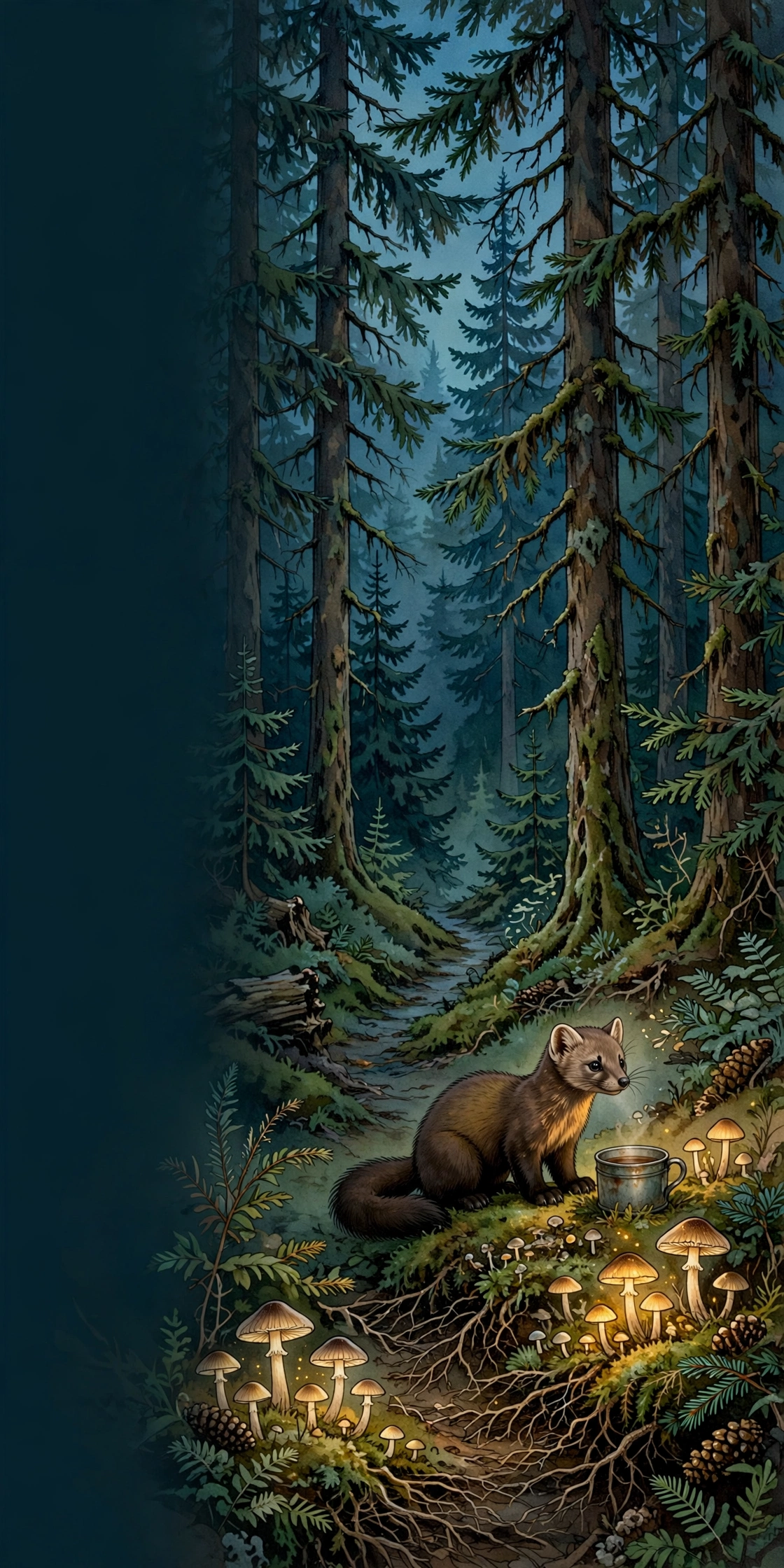 Boreal forest with a pine marten, a tea cup and glowing mushrooms among exposed roots